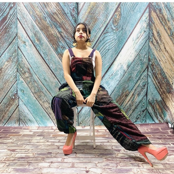Handmade Baggy Hippy Patchwork Overall Jumpsuit - Picture 4 of 6